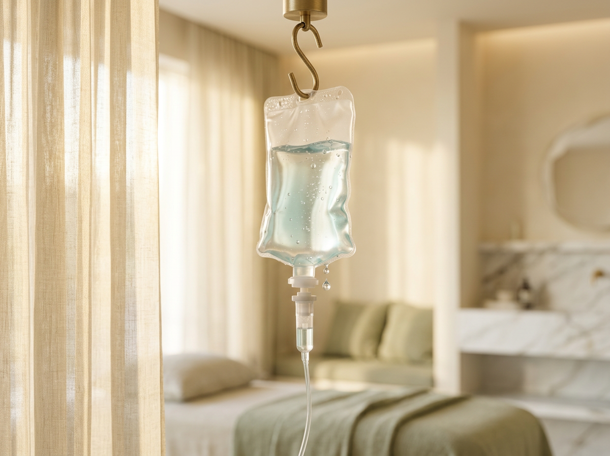 IV hydration bag catching morning light